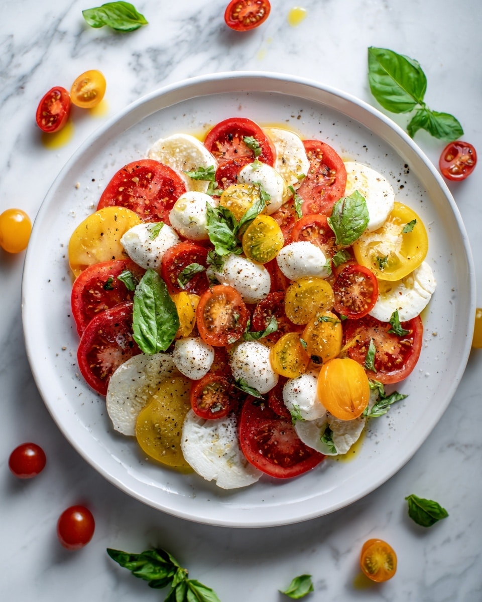 A white speckled oval plate filled with a colorful caprese salad is shown. The bottom layer has slices of red and yellow tomatoes arranged side by side, bright and juicy, with smooth white mozzarella slices placed evenly among the tomatoes. On top, small round mozzarella balls are scattered, mixed with halved red cherry tomatoes, all garnished with fresh green basil leaves. The ingredients are lightly sprinkled with black pepper and a shiny drizzle of olive oil. The plate sits on a rustic wooden surface. Photo taken with an iphone --ar 4:5 --v 7