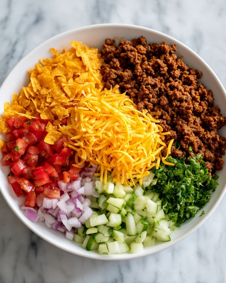 A white bowl filled with five visible layers of food, each arranged in separate sections. One section has dark brown cooked ground beef with a crumbly texture. Next to it, there is a bright orange layer of crushed crunchy chips. A vibrant yellow shredded cheese layer sits in the middle, with fine strands piled on top. Nearby, a chopped tomato section displays small red and pink chunks with some juice visible. The last section contains finely diced light green cucumbers. The bowl is placed on a white marbled surface. photo taken with an iphone --ar 4:5 --v 7