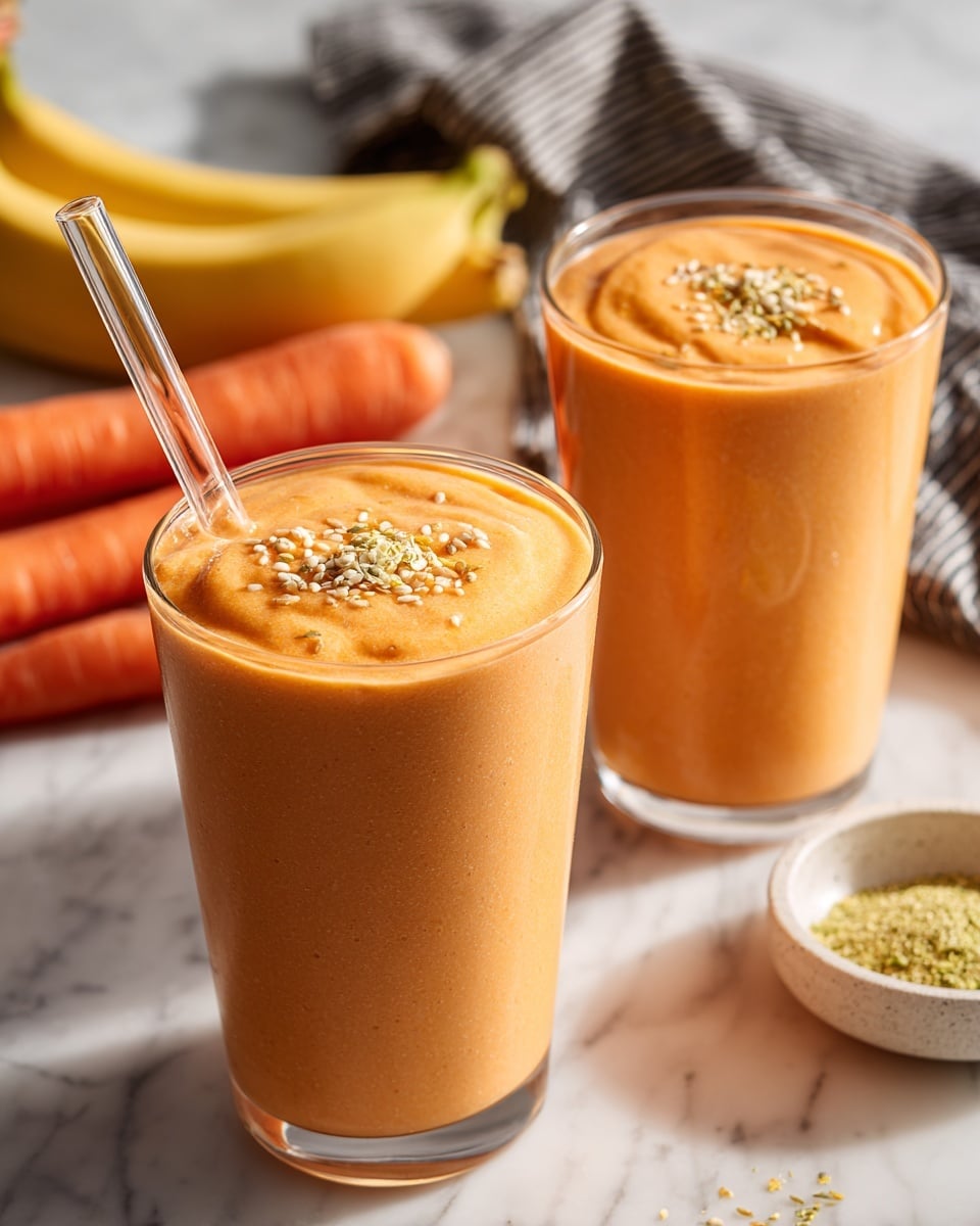 The image shows two clear glasses filled with a thick, smooth peach-orange smoothie. The glass in the front has a clear straw and a sprinkle of small seeds and herbs on top, while the glass behind is slightly taller and without a straw but also topped with seeds. In the background on a white marbled surface, there are fresh whole carrots with a bright orange color, a whole banana partially visible, and a small white bowl holding a greenish powder or seasoning. A black and white striped cloth partially covers the surface behind the glasses. The lighting is bright and natural, highlighting the creamy texture and fresh ingredients. photo taken with an iphone --ar 4:5 --v 7