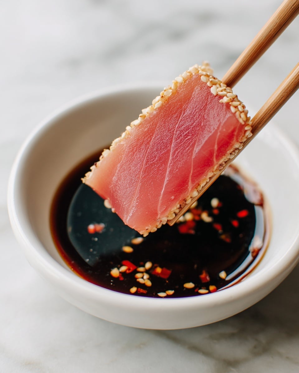 A thin slice of pink tuna with a light beige sesame seed crust is held by wooden chopsticks above a white bowl filled with dark brown soy sauce that has small red chili flakes floating in it. The slice shows a smooth and slightly translucent texture in the center, indicating it is fresh and raw inside. The white bowl rests on a white marbled surface with subtle grey veins. photo taken with an iphone --ar 4:5 --v 7