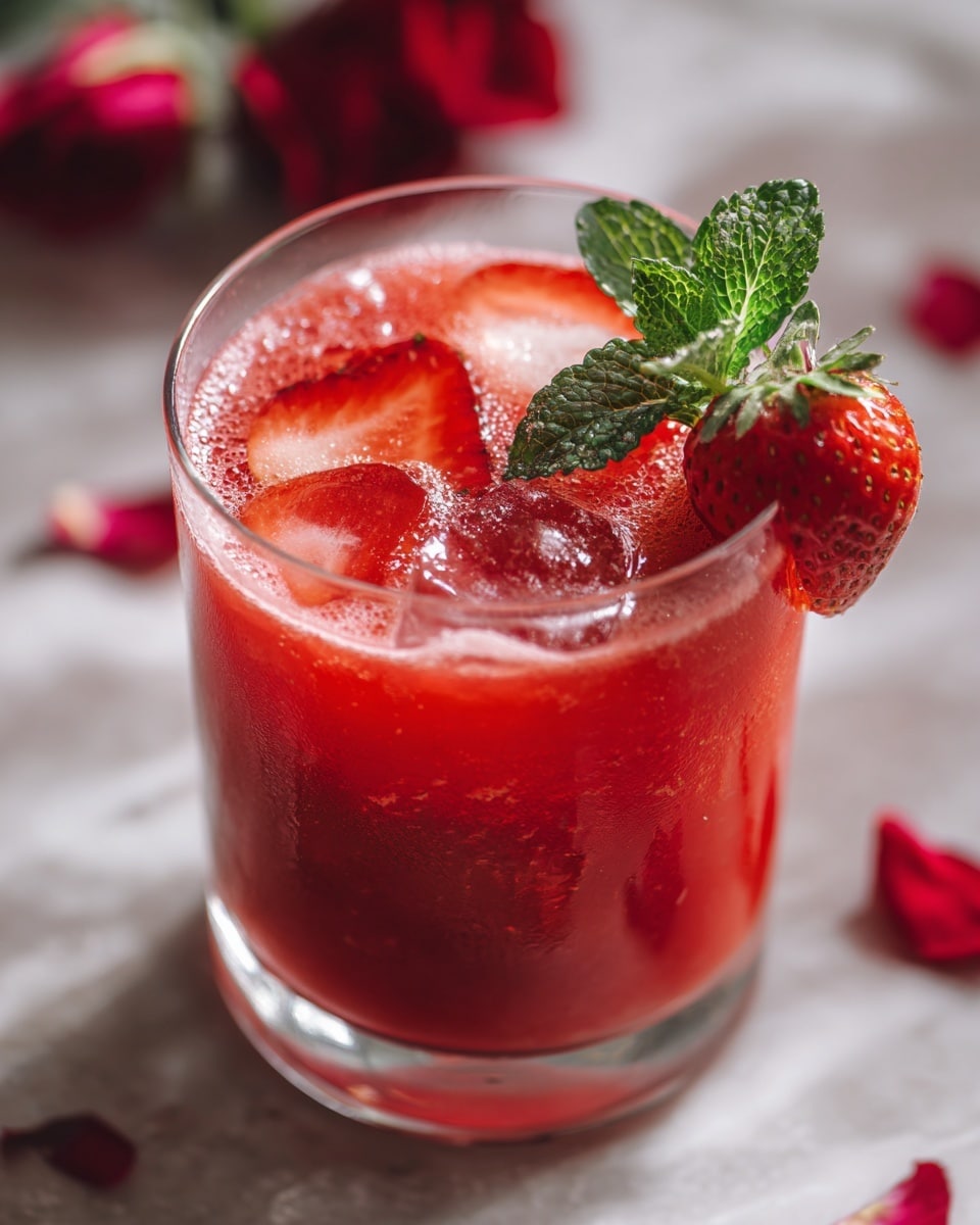 A clear round glass filled with a bright red strawberry drink that has three large ice cubes floating near the top. Thin slices of strawberry float on the surface inside the glass. A fresh green mint sprig stands upright in the middle, and a single strawberry slice is placed on the rim of the glass. The glass is placed on a white marbled surface. A second glass with the same drink and garnish slightly blurred is in the background, along with a blurred dark red object. photo taken with an iphone --ar 4:5 --v 7
