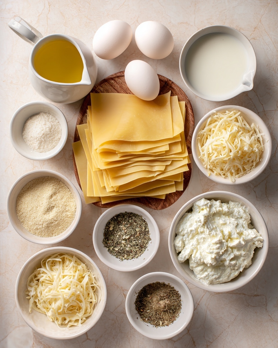 The image shows a wooden table with eight white bowls and containers holding different ingredients arranged neatly around six flat yellow lasagna sheets stacked in the center. There are two white eggs resting next to a white pitcher filled with yellow oil on the left side. In front of the pasta sheets, there are two white bowls containing light beige breadcrumbs and darker greenish-brown dried herbs and spices. On the right side, there is a white bowl with creamy white ricotta cheese, a white bowl with shredded pale yellow cheese, and another white bowl with finely grated cheese. A small white cup filled with milk is also visible near the top center, and all items are placed on a white marbled table. photo taken with an iphone --ar 4:5 --v 7
