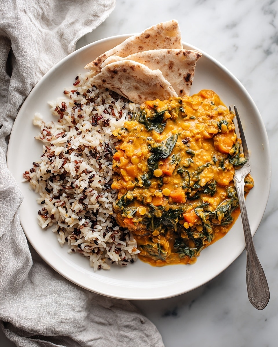 A white round plate holds three main sections: one portion of mixed white and wild rice with a speckled black and white texture at the bottom left, a bright orange lentil and spinach curry with a soft, slightly chunky texture piled on the right side covering part of the rice, and two folded pieces of light brown flatbread placed at the top edge. A silver fork rests diagonally on the rice, with its handle extending toward the bottom right of the plate. The plate sits on a white marbled surface, and a light grey soft cloth is casually placed to the bottom left of the plate. Photo taken with an iphone --ar 4:5 --v 7