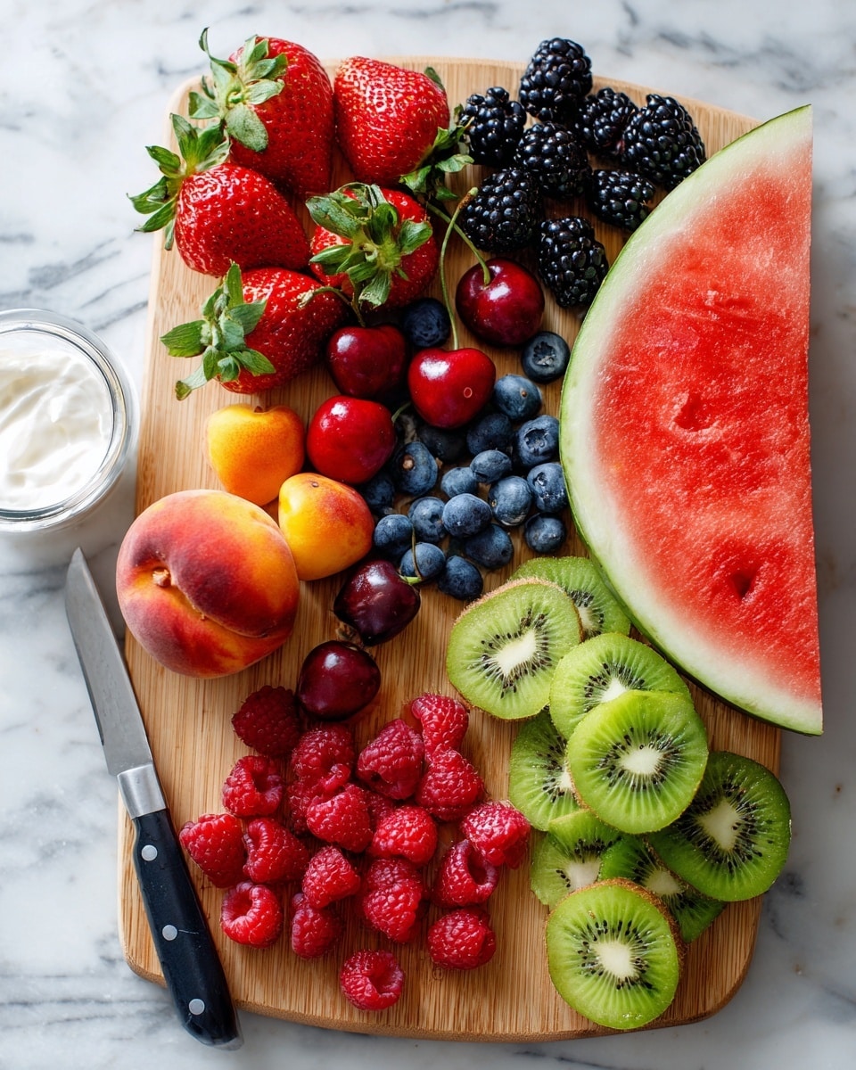 The image shows a fresh fruit arrangement on a wooden board and a white marbled surface below. On the wooden board are whole strawberries with green tops, blackberries, red and yellow cherries with stems, blueberries, a peach, and a large slice of watermelon with green rind and red flesh. Below on the white marbled surface, green kiwi slices with black seeds are spread next to halves of strawberries showing red inside and green tops. Nearby are red raspberries and a whole kiwi fruit with brown fuzzy skin. A knife with a black handle lies next to the kiwi slices, and a clear glass bowl with white cream is partially visible on the left. Photo taken with an iphone --ar 4:5 --v 7