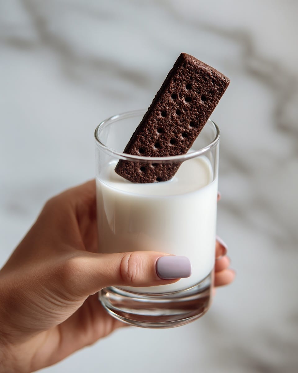 A single rectangular dark brown chocolate cookie with small holes on its surface is held by a woman's hand with light purple nail polish, above a clear glass filled nearly to the top with white milk. The glass has rounded edges and the cookie is partially dipped into the milk, resting against the inner rim. The background is a white marbled texture with a soft focus. photo taken with an iphone --ar 4:5 --v 7