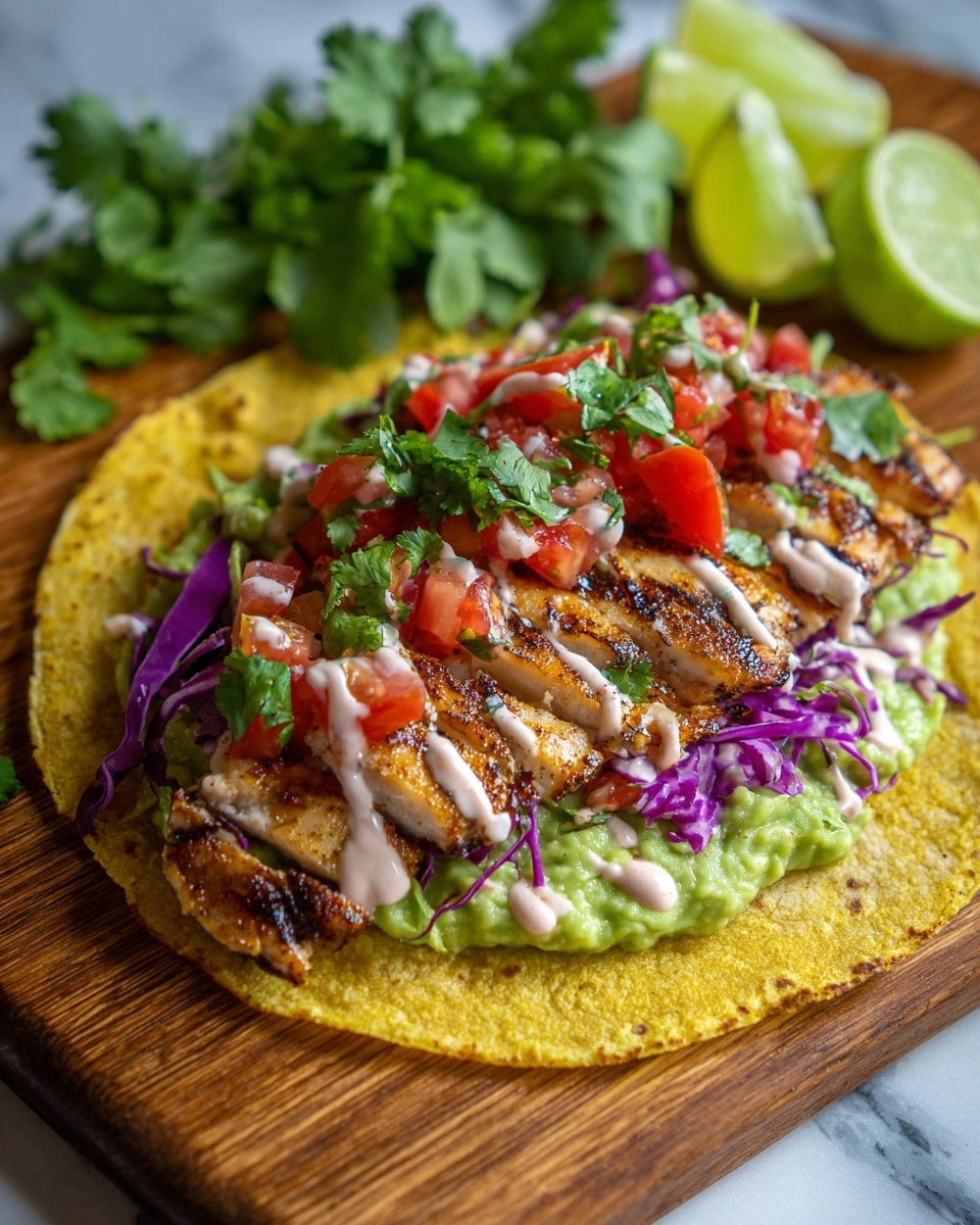 A taco is shown open on a round yellow tortilla placed on a wooden board, with a white marbled background. The first layer on the tortilla is mashed green avocado mixed with small bits of cilantro. On top of the avocado, there are layers of thick slices of cooked light brown fish with grill marks. The fish is topped with diced red tomatoes and thin pieces of purple cabbage scattered around. A light pinkish-white sauce is drizzled over the fish and vegetables. Behind the taco, slices of green lime and fresh green cilantro leaves are visible, adding color and freshness to the scene. The photo was taken with an iphone --ar 4:5 --v 7