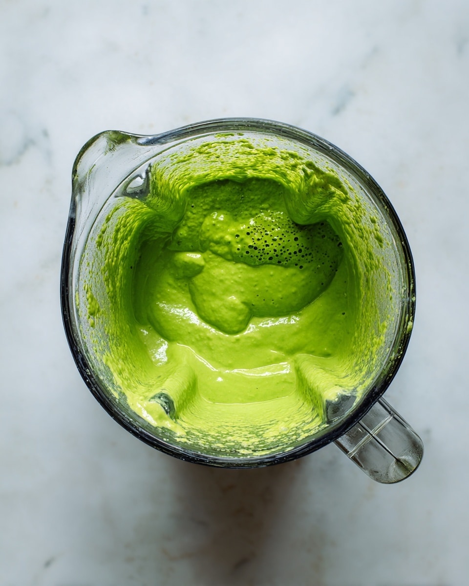 A clear glass blender jar is shown from above, filled with bright green sauce stuck to the sides and bottom. The sauce has a smooth but slightly textured look, with varied green shades and small bits inside. The jar is placed on a white marbled surface that contrasts with the vivid green inside. The handle of the jar is clear glass, visible on the right side of the image. photo taken with an iphone --ar 4:5 --v 7
