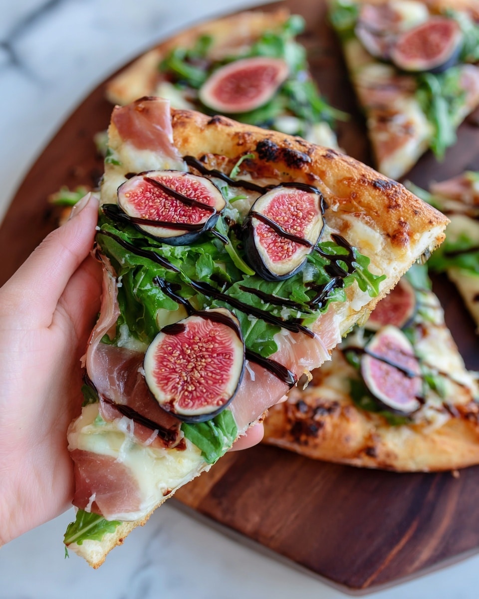 A close-up slice of pizza is held by a woman's hand, showing its layered toppings clearly; the bottom layer is a light golden-brown crust with slight charring, topped with melted cheese, thin slices of pink prosciutto arranged evenly, green arugula leaves scattered on top, and round slices of fresh fig with a dark purple skin and soft pink inside, drizzled with a glossy balsamic glaze. In the background, three more pizza slices with similar toppings sit on a dark wooden board, placed on a white marbled surface. photo taken with an iphone --ar 4:5 --v 7