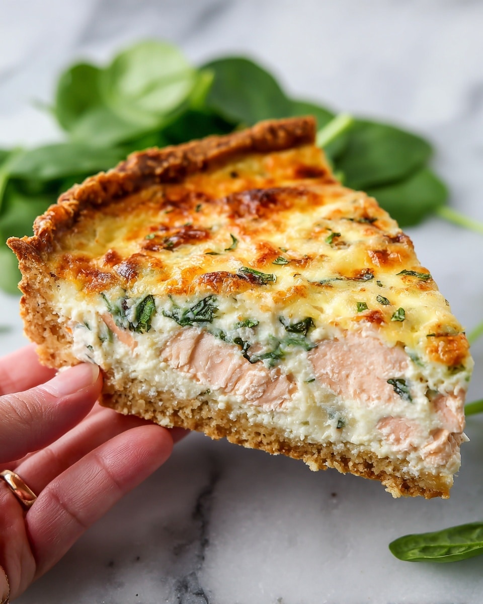 The image shows a slice of quiche held by a woman's hand, revealing three main layers. The bottom layer is a thick, rough, golden-brown crust with a crumbly texture. Above that, there is a dense layer of light pink salmon pieces mixed with creamy filling that has small green spinach leaves embedded. The top layer is a golden brown cheesy surface with crispy browned spots, slightly textured with hints of melted cheese and spinach patches. The quiche rests on a white marbled surface with fresh spinach leaves nearby. Photo taken with an iphone --ar 4:5 --v 7