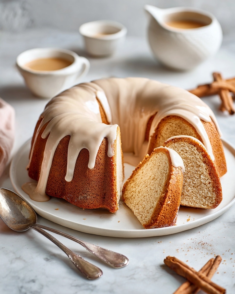 A light brown bundt cake with a smooth, creamy icing drizzled over the top, flowing gently down the sides. The cake is placed on a wide white plate on a white marbled surface. Four slices are cut and arranged side by side, showing a dense but soft texture inside the cake. Nearby, two silver spoons rest side by side on the surface, while a small white bowl with a light brown sauce is in the background along with two cinnamon sticks slightly blurred. The scene has warm, soft lighting. photo taken with an iphone --ar 4:5 --v 7