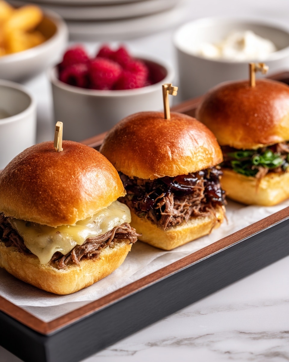 Three small sandwiches sit side by side on a black tray lined with white parchment paper, placed on a white marbled surface. Each sandwich has a shiny, golden-brown bun on top. The first sandwich on the left is fully closed showing only the bun. The middle sandwich is also closed, with melted cheese and some greens peeking out underneath the bun. The third sandwich on the right is open, showing shredded beef mixed with dark caramelized onions inside a soft, golden bun. All sandwiches have a wooden skewer stuck in the middle holding them together. In the blurry background are small bowls, one filled with bright red raspberries and the other with a white creamy topping. Photo taken with an iphone --ar 4:5 --v 7