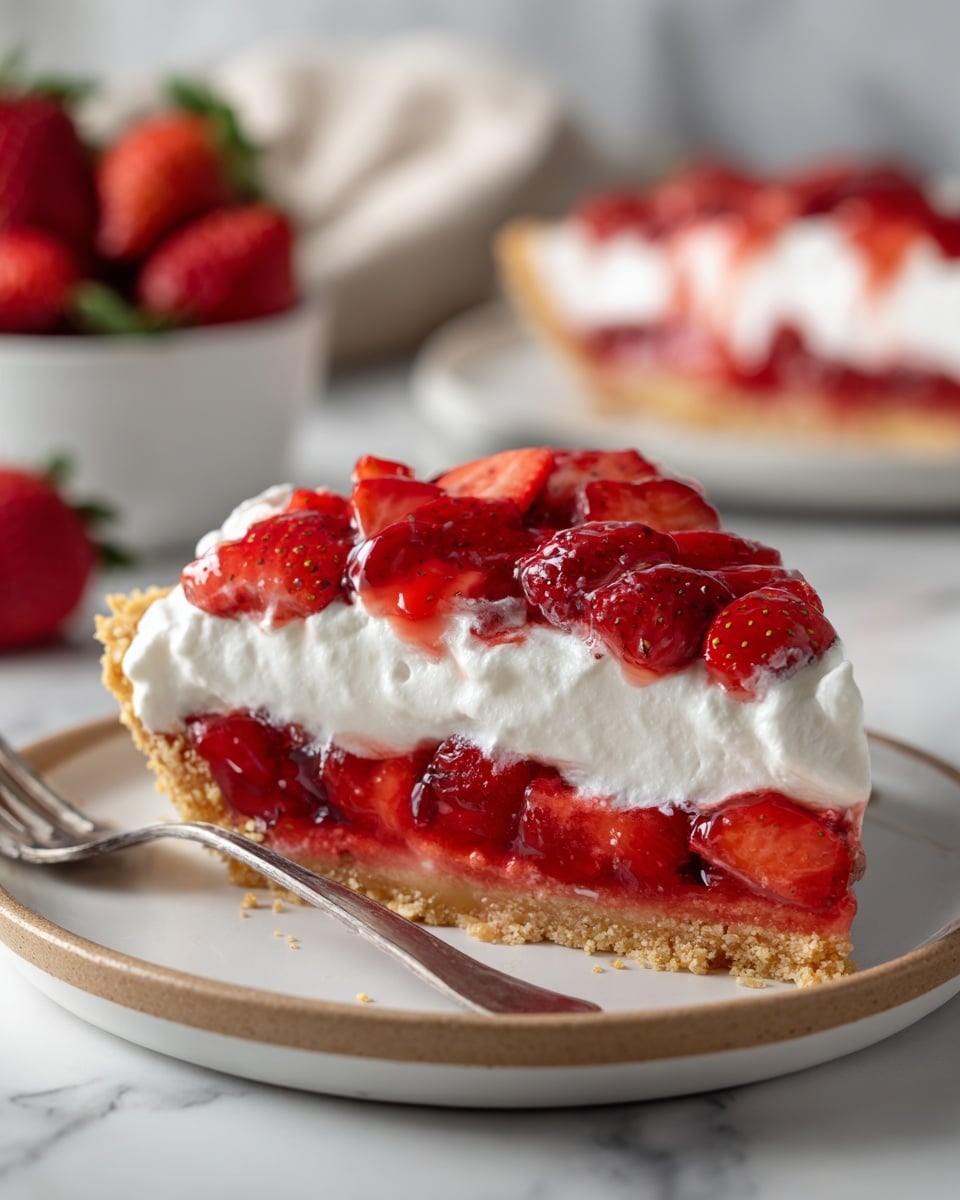 The image shows a slice of strawberry pie on a white plate with a white marbled surface underneath. The pie has three layers: the bottom layer is a light golden crust, the middle layer is a bright, glossy red strawberry filling with visible chunks of strawberries, and the top layer is a thick, smooth, and fluffy white whipped cream. In the background, there is part of another slice of the pie on a white plate and a white bowl full of fresh strawberries. The colors are bright with a soft natural light that highlights the textures. Photo taken with an iphone --ar 4:5 --v 7