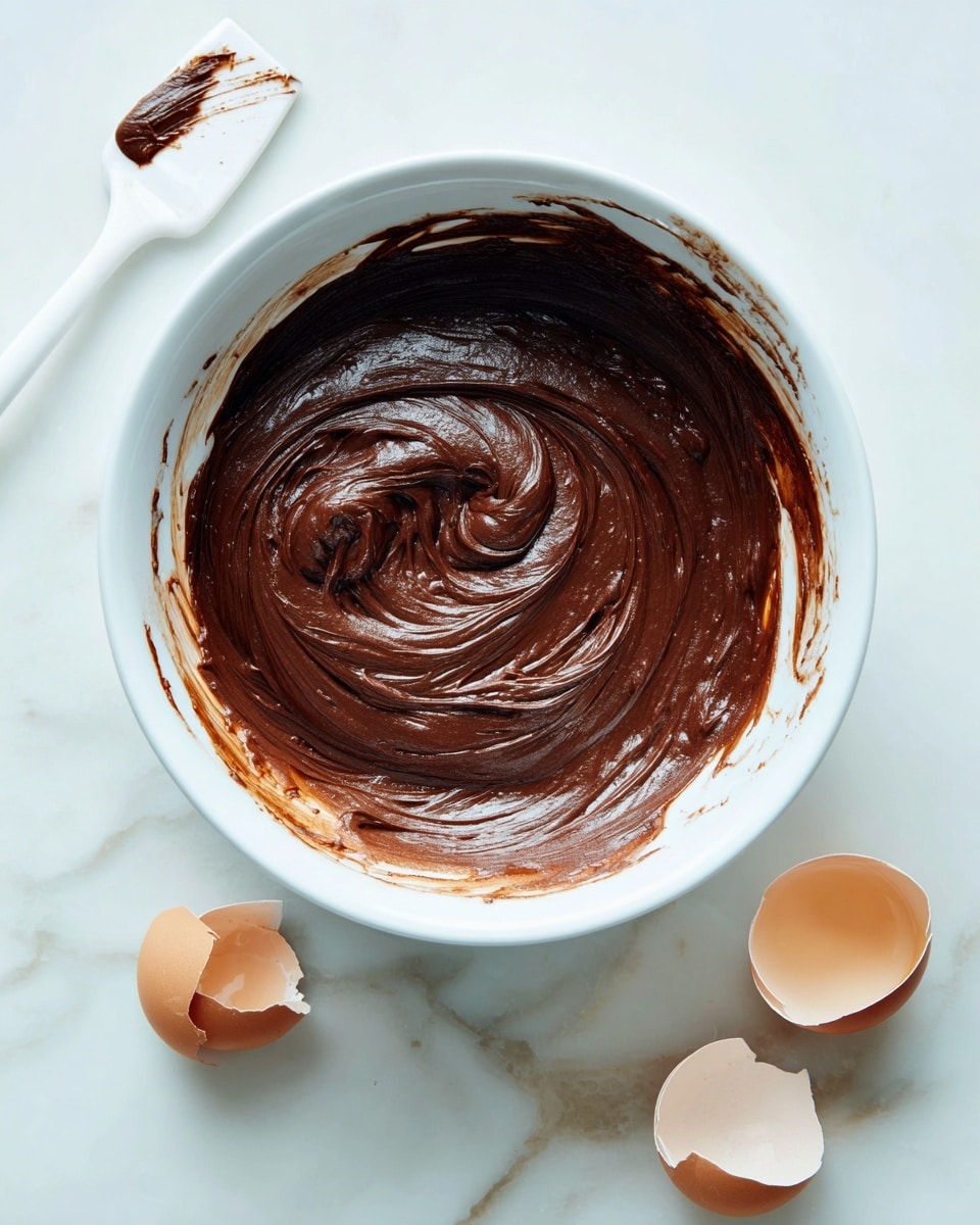 A white glass bowl holds thick, dark chocolate batter swirled smoothly in the center, with traces of the batter smeared lightly along the bowl's inner sides. The bowl is placed on a white marbled surface, and next to it are two broken egg shells and a white spatula with a small amount of batter on its edge. The scene is bright and clean, with a soft natural light highlighting the rich, dense texture of the chocolate mixture photo taken with an iphone --ar 4:5 --v 7