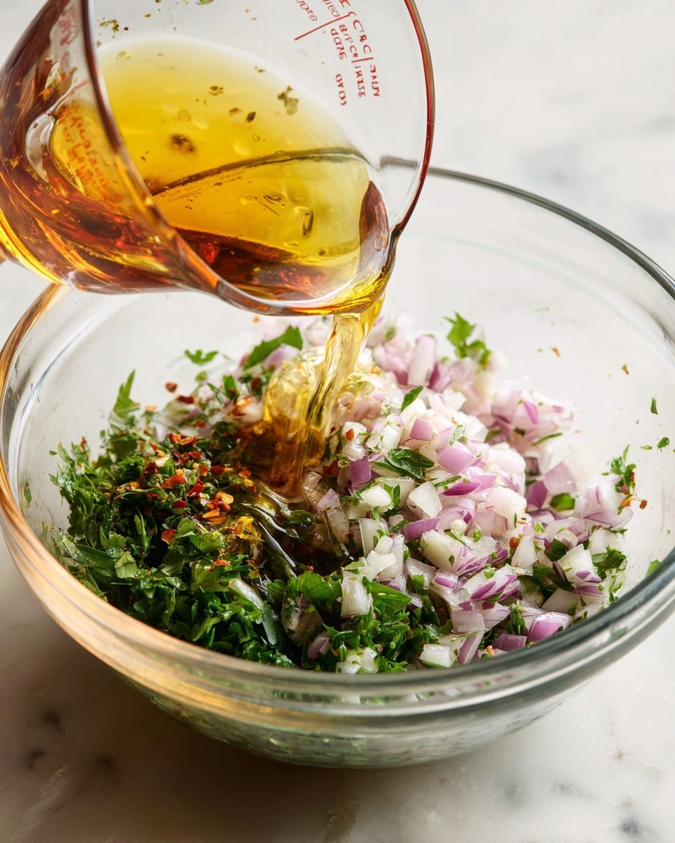 A clear glass bowl sits on a white marbled surface filled with finely chopped light purple shallots, small white garlic pieces, bright green parsley and chopped green herbs, with a sprinkle of red chili flakes. Two transparent measuring cups are pouring liquids simultaneously into the bowl – one holds a golden yellow oil, the other a dark reddish vinegar. The colorful mix shows a fresh, textured salad base with green herbs dominant and light purple and white bits scattered evenly. Photo taken with an iphone --ar 4:5 --v 7