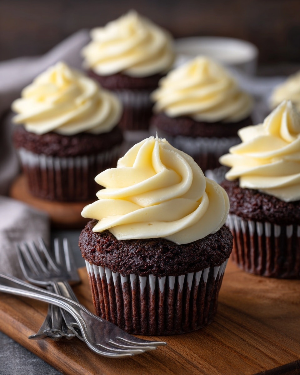The image shows a close-up of several chocolate cupcakes with light yellow creamy frosting swirled on top. Each cupcake has one thick layer of chocolate cake in a white paper cup. The frosting is smooth and soft with a spiral shape, starting wide at the cupcake top and ending in a pointed peak. The cupcakes sit on a wooden surface with two metal forks placed next to them. The background has a soft focus with more cupcakes visible, creating a cozy and inviting look. photo taken with an iphone --ar 4:5 --v 7