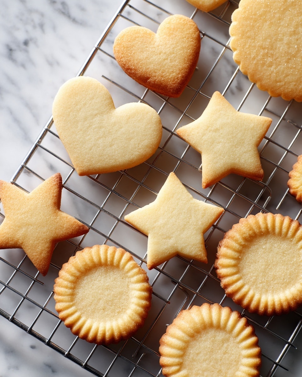 The image shows a cooling rack with freshly baked sugar cookies in different shapes on a white marbled surface. There are heart-shaped cookies, two star-shaped cookies, round cookies with smooth edges, and round cookies with scalloped edges. The cookies have a light golden color and a smooth texture, evenly spaced across the metal rack. The background is a soft white marbled texture that contrasts with the warm tones of the cookies. photo taken with an iphone --ar 4:5 --v 7