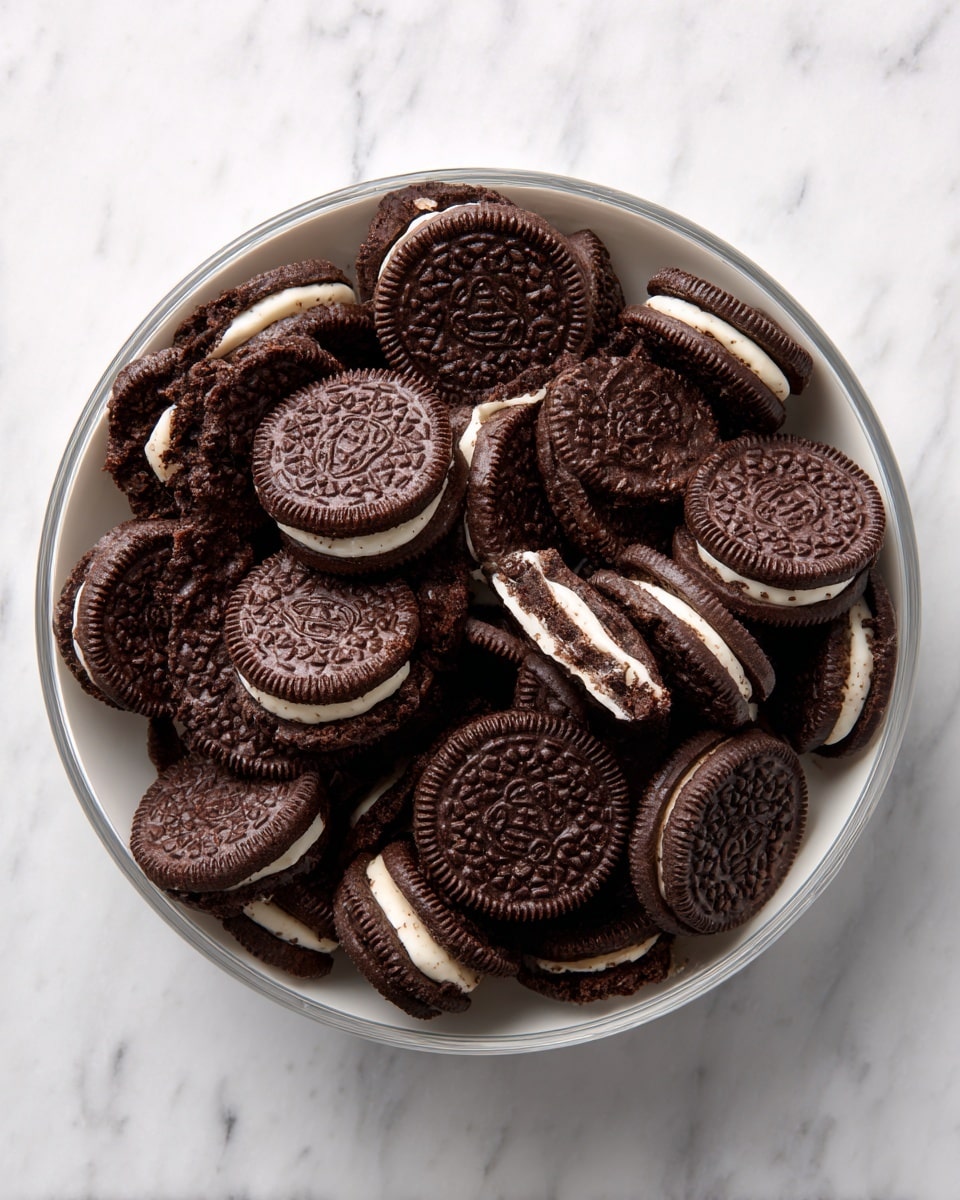 A top view of a white bowl filled with broken pieces of chocolate sandwich cookies with white cream filling inside. The cookies are dark brown with a textured pattern on top, and the creamy white filling is visible in the middle of each piece. The bowl sits on a white marbled surface, showing a simple yet rich contrast between the dark cookies and the light background. photo taken with an iphone --ar 4:5 --v 7