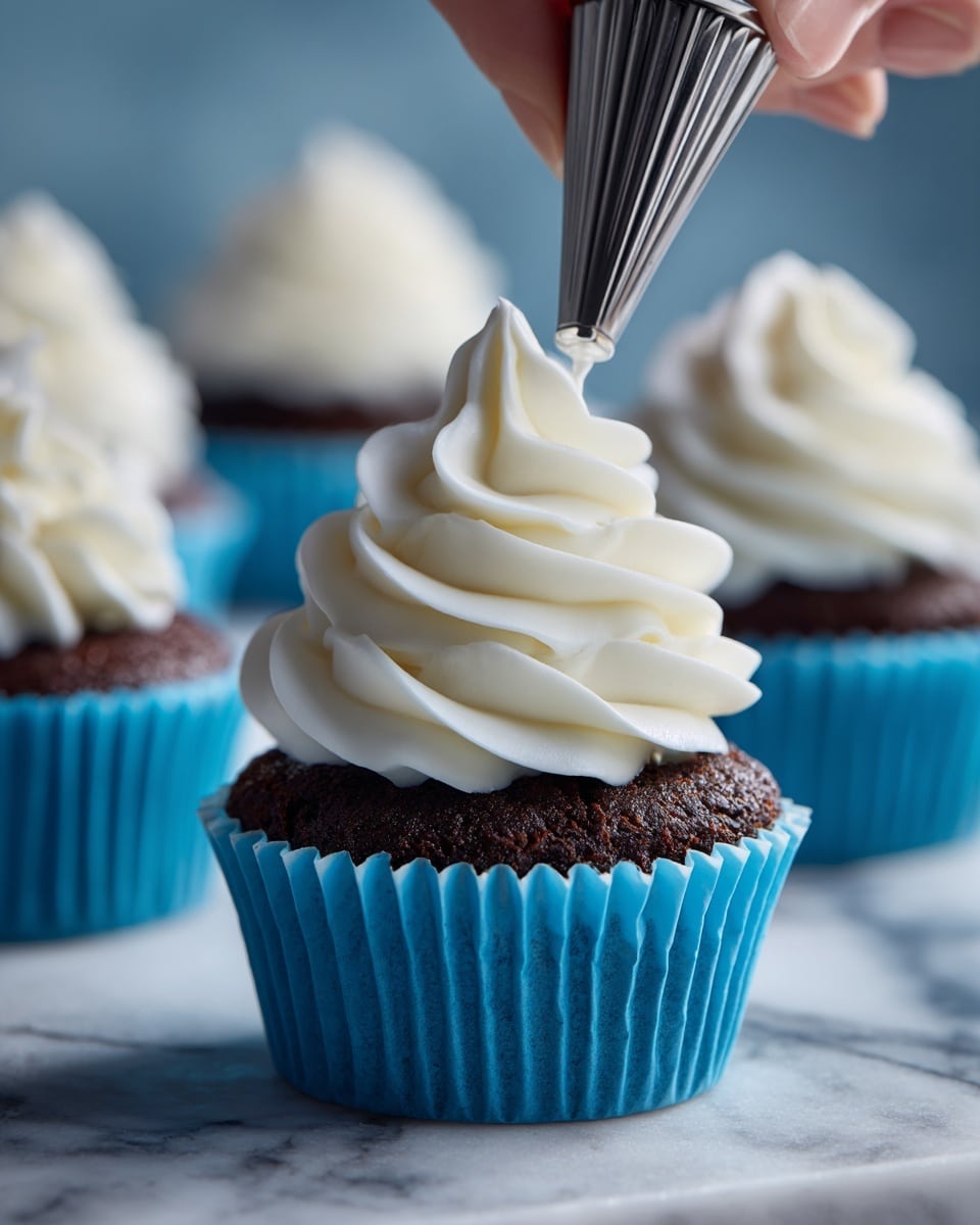 A close-up of a dark chocolate cupcake in a bright blue paper wrapper set on a white marbled surface, topped with a large swirl of smooth white cream being piped from a metal nozzle held by a woman's hand; in the blurry background, there are more cupcakes with similar white cream swirls. photo taken with an iphone --ar 4:5 --v 7