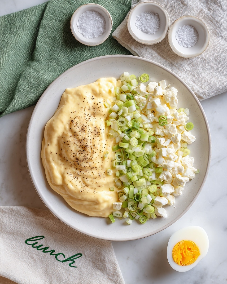 A large white plate holds three main layers of ingredients arranged side by side. On the left, there is a creamy, smooth pale yellow layer of mashed egg yolk with black pepper sprinkled on top. In the middle and right sections, two piles of finely chopped items are present: the middle being small white pieces of egg white mixed with a little finely sliced green onion rings, and the far right showing diced light green celery. The plate is set on a white marbled surface with a green cloth partially visible above it and a folded light-colored cloth with the word