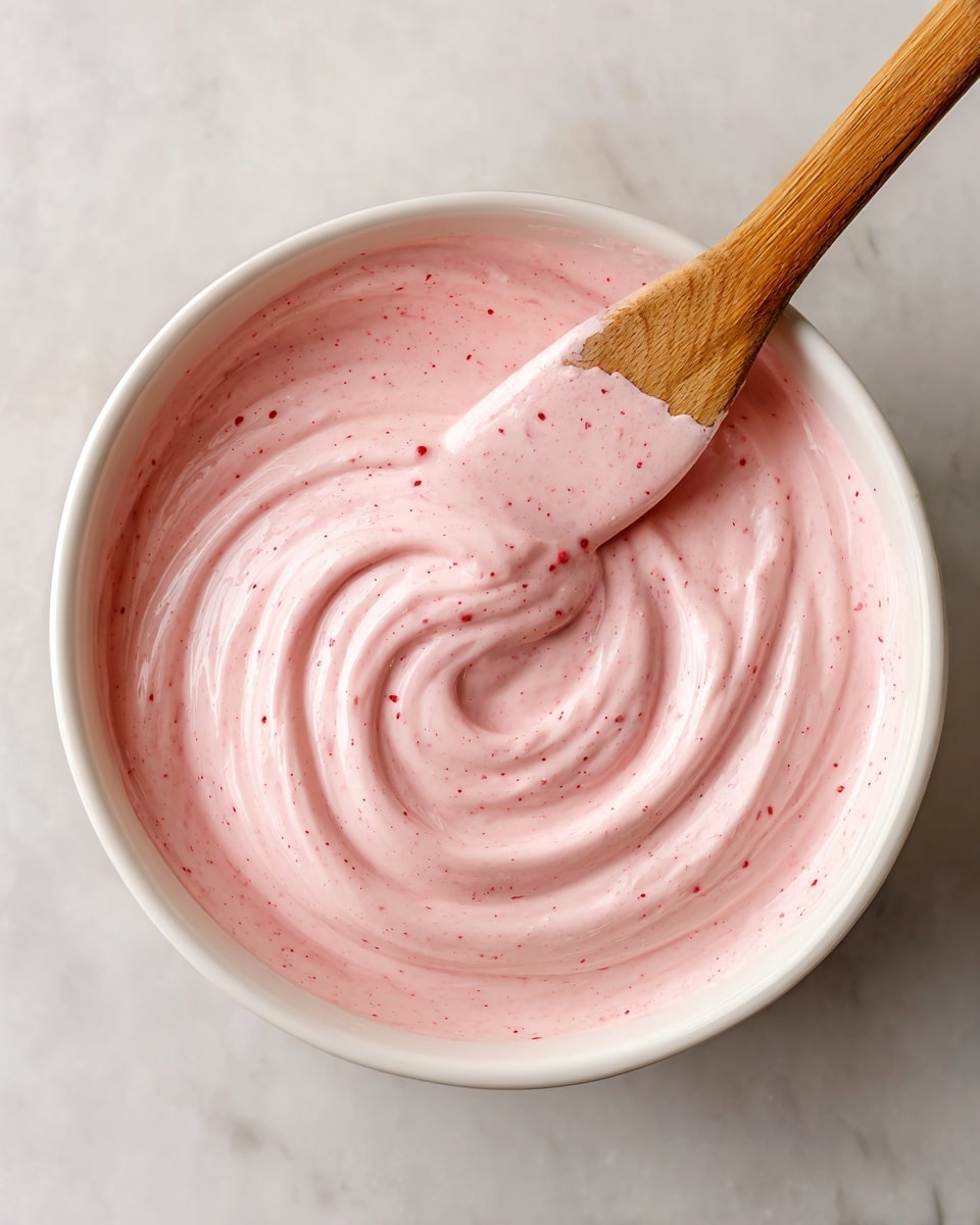 A white bowl filled with a smooth, light pink cream that has tiny red specks mixed inside. The cream has soft swirling textures on the surface. A wooden spatula is partially dipped in the cream, showing the same pink color on its rubber tip. The bowl is placed on a white marbled surface. photo taken with an iphone --ar 4:5 --v 7