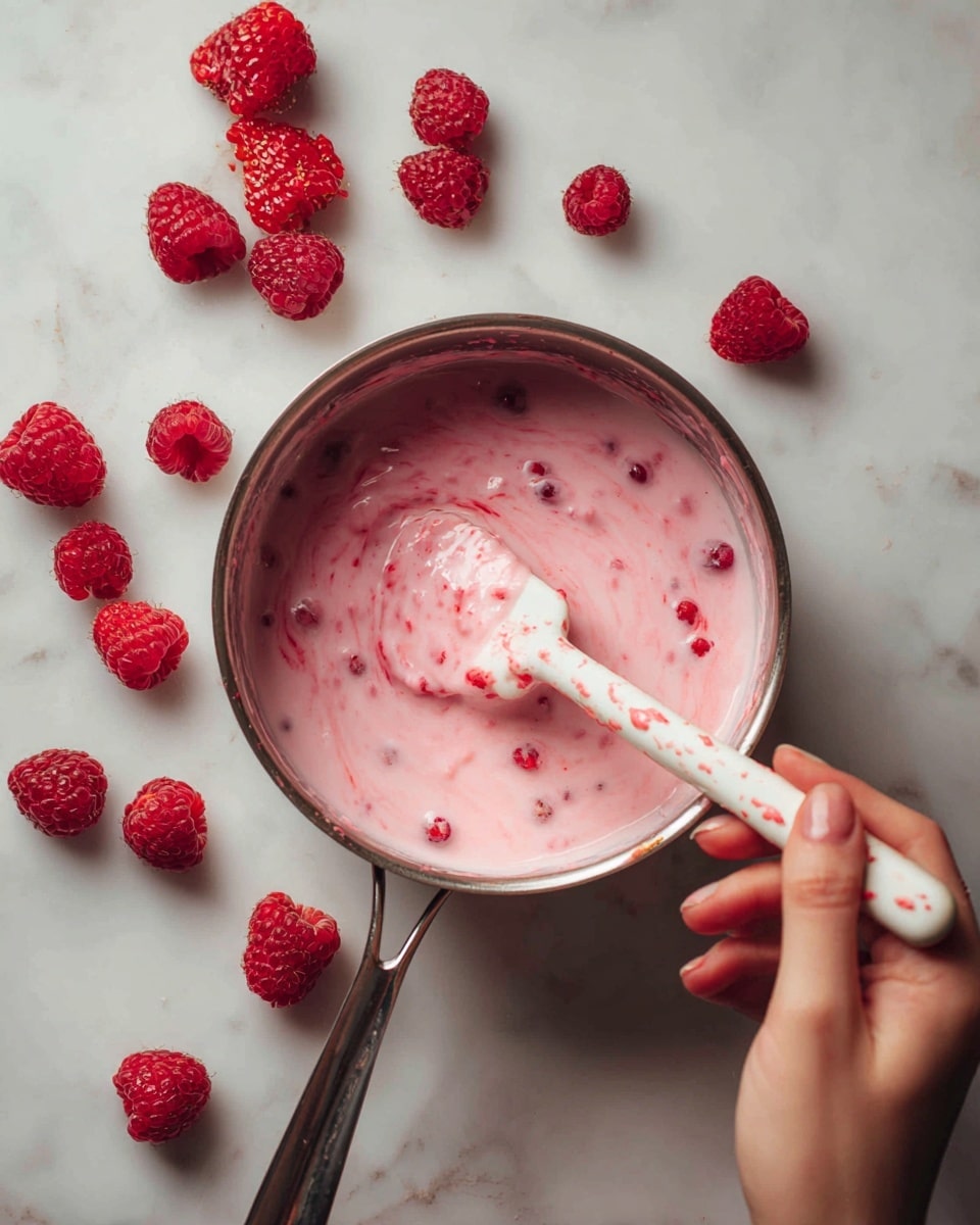 A close-up image of a silver metal pot filled with a pink creamy mixture that has small red berry pieces mixed in, being stirred by a white spatula with red stains held by a woman's hand; scattered fresh red raspberries are placed on the white marbled surface around the pot, giving a fresh and bright look. photo taken with an iphone --ar 4:5 --v 7
