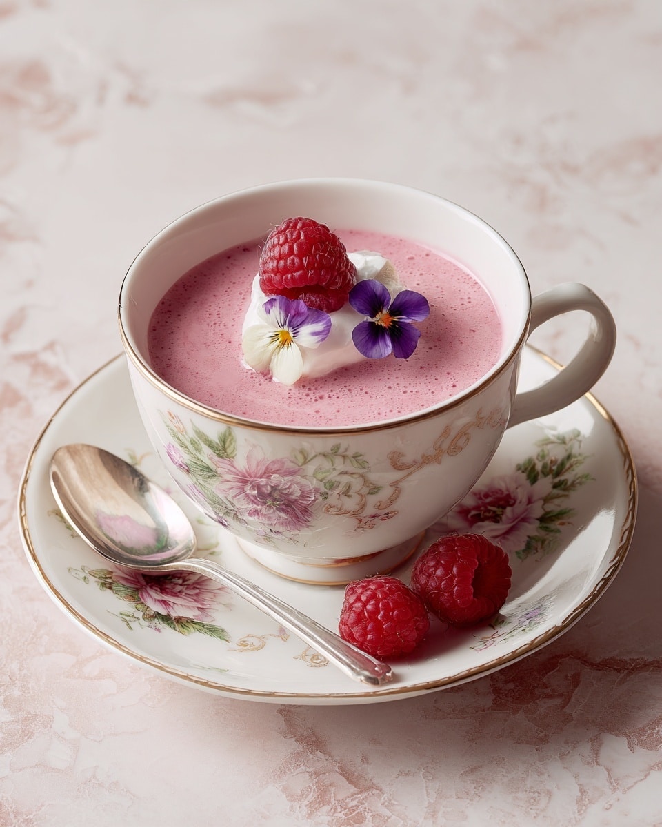 A cup filled with smooth, thick pink mousse topped with a dollop of white cream, one red raspberry, and a small purple edible flower sits in a white teacup with gold trim and floral designs. The teacup rests on a matching white saucer with the same gold rim and floral pattern, and a silver spoon is placed on the saucer near the cup's handle. Two raspberries lay on the white marbled surface next to the saucer, creating a soft and inviting scene. Photo taken with an iphone --ar 4:5 --v 7