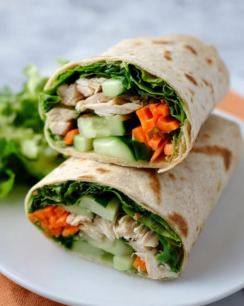 A white plate holds two halves of a wrap stacked on top of each other. The wrap is made of a light brown, spotted flatbread. Inside, there are fresh green leafy lettuce, thin slices of peeled cucumber with a light green color, small diced orange carrots, and pieces of cooked light beige chicken. The ingredients are tightly wrapped, showing a clear layer of each filling, and the background is a white marbled surface. photo taken with an iphone --ar 4:5 --v 7