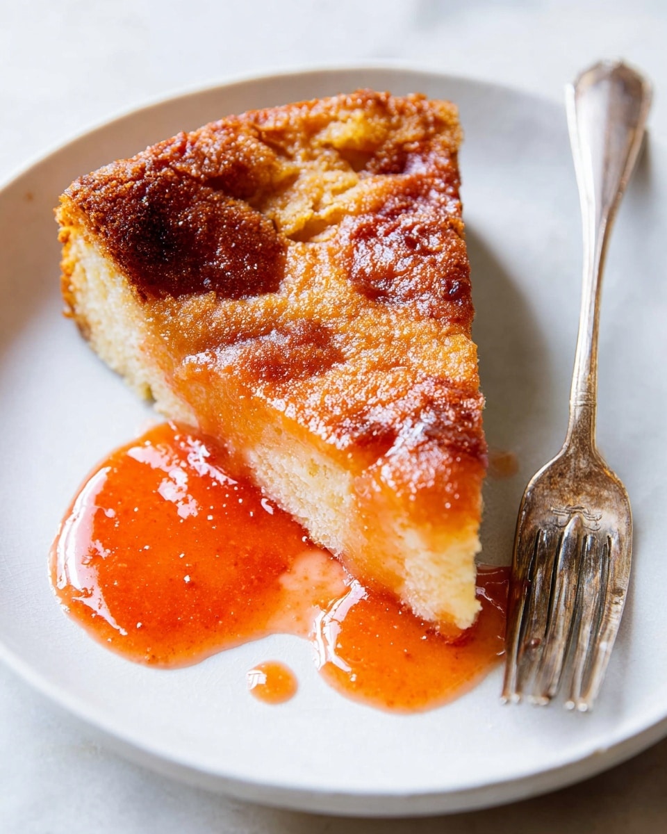 A single slice of golden brown cake with a slightly crispy top layer sits on a white plate. The cake has visible textured spots where it looks a bit browned and soft with a light, fluffy interior. There is a glossy, thick reddish-orange sauce both spread on part of the cake's surface and pooled on the plate to the side, with a couple of small drops leading toward the edge. Next to the cake slice is an old silver fork showing some wear and food marks. The background has a white marbled texture. Photo taken with an iphone --ar 4:5 --v 7