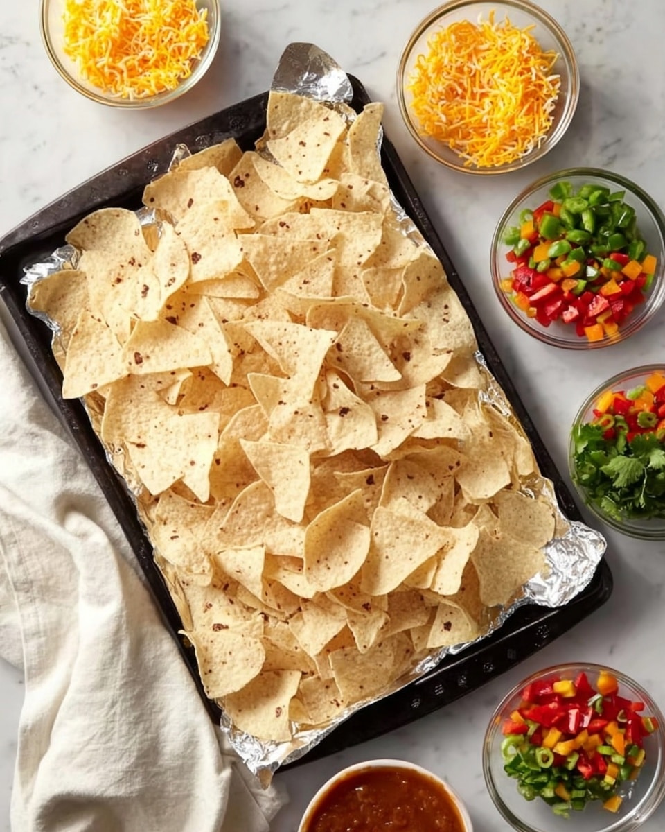 The image shows a large black baking tray filled with a single layer of light beige tortilla chips with small darker brown spots, resting on foil. Around the tray, there are several small clear glass bowls placed on a white marbled surface. The bowls contain vibrant shredded yellow and white cheese, mixed diced red, green, and yellow bell peppers, finely chopped fresh green herbs, orange-red sauce, and sliced green jalapeños. A white cloth napkin is partly visible on the left side. Photo taken with an iphone --ar 4:5 --v 7