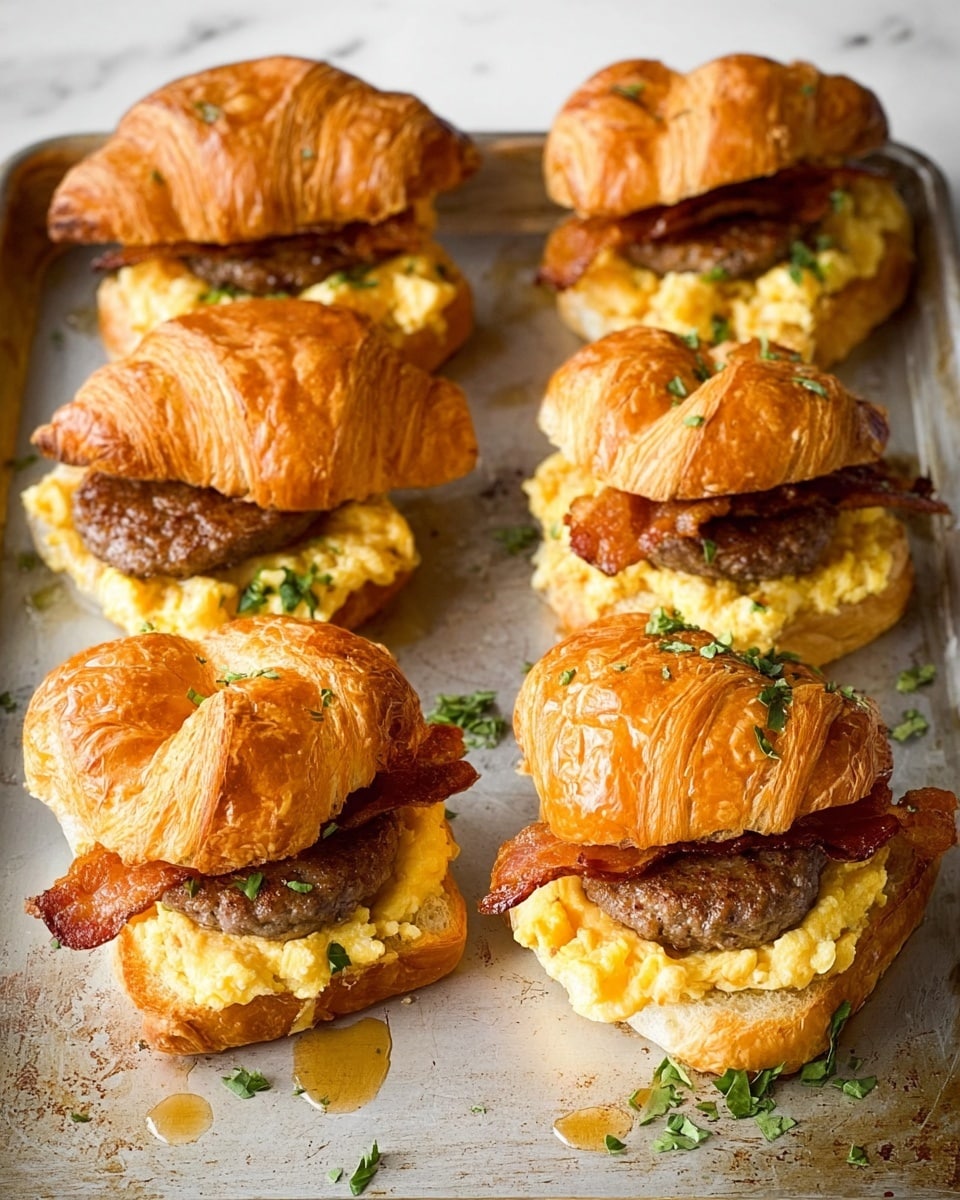 Six small croissant sandwiches are arranged loosely on a worn metal tray. Each sandwich has three layers: the top and bottom are golden, flaky croissant halves with a shiny, crispy texture. Inside, the bottom layer is creamy, yellow scrambled eggs, soft and fluffy. Above the eggs is a round, browned sausage patty with a slightly rough, cooked texture. On top of the sausage is a strip of crispy, reddish-brown bacon. Small green herb pieces are sprinkled on and around the sandwiches, with small drops of a light golden syrup scattered on the tray. The background surface is a white marbled texture. photo taken with an iphone --ar 4:5 --v 7