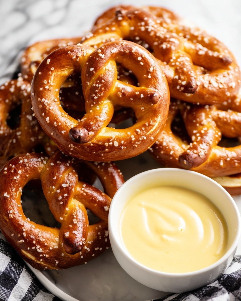 A pile of soft, golden brown pretzels with a light sprinkle of coarse salt is shown, each pretzel twisted with smooth, slightly shiny texture. Below the pretzels, a white bowl is filled with creamy, smooth, light yellow cheese sauce. The background is a white marbled surface and a black and white checkered cloth is partly visible on the side. Photo taken with an iphone --ar 4:5 --v 7