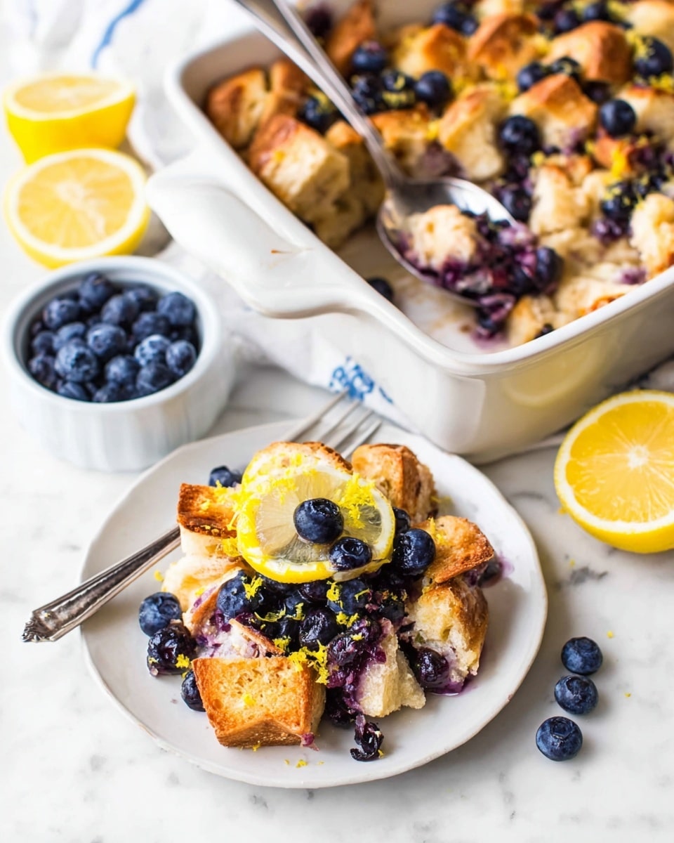 The image shows a white baking dish with a blueberry bread pudding inside, featuring golden-brown toasted bread pieces and scattered dark purple blueberries mixed throughout. A silver spoon rests in the dish with a scoop of the pudding, showing soft and moist bread bits with blueberries. In the foreground, a white plate holds a serving of the bread pudding topped with fresh blueberries and garnished with a bright yellow lemon wedge and lemon zest. A small white bowl filled with fresh blueberries and a lemon half are placed nearby on a white marbled surface, adding color contrast to the scene. Photo taken with an iphone --ar 4:5 --v 7