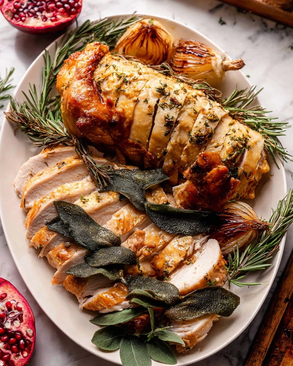 A large white plate sits on a white marbled surface holding a golden brown cooked chicken with crispy skin and herb sprinkles on top. In front of the whole chicken are neatly sliced pieces of chicken breast showing a light pinkish interior with crispy golden skin on top, garnished with dark green fried sage leaves and fresh rosemary sprigs. To the left side of the plate, there is a halved pomegranate showing bright red seeds, with a few roasted onion quarters placed at the top and bottom edges of the plate. The overall look is warm, rustic, and fresh, with the golden and green colors contrasting with the bright red fruit. Photo taken with an iphone --ar 4:5 --v 7