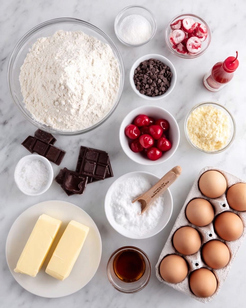 The image shows a white marbled surface with many food ingredients placed neatly. There is a big clear glass bowl with white flour on the left side, next to small white bowls with pinkish-red cherries, tiny chocolate chips, and broken dark chocolate pieces. Near the bottom left, a white plate holds two smooth pale yellow sticks of butter. Two small white round containers have salt and white sugar with tiny wooden scoops. On the right side, a clear bowl holds light brown sugar, a similar clear bowl with white sugar, and a carton with brown eggs. Also, a small glass with brown liquid and a small clear glass with water are visible. A small bottle with red coloring stands near the cherries. The items are evenly spaced, all on the white marbled surface photo taken with an iphone --ar 4:5 --v 7