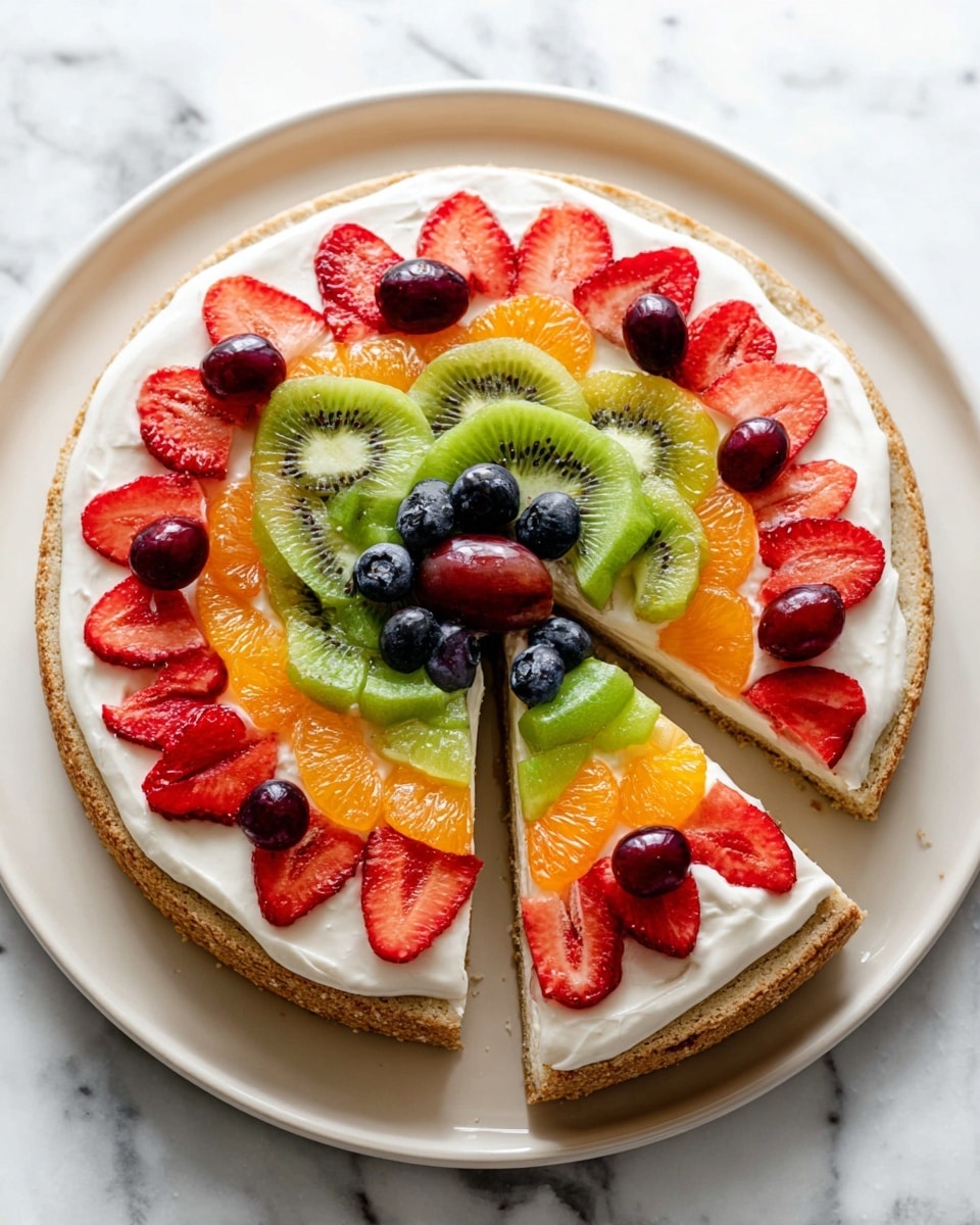 A round dessert with three layers is shown on a white plate over a white marbled surface. The bottom layer is a golden brown crust with a crumbly texture. The middle layer is an even spread of smooth white cream. The top layer is decorated with fresh fruit arranged in circles: red strawberry slices with visible seeds form the outer ring, inside them a row of green kiwi slices with black seeds and light centers, then a smaller mix of bright orange mandarin segments, dark red grapes, and blueberries dot the fruit arrangement. One slice is slightly taken out, making the layered textures visible. Photo taken with an iphone --ar 4:5 --v 7