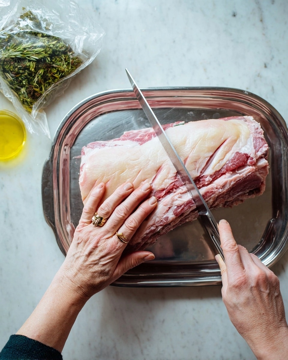 A large piece of raw meat with a thick layer of pale fat on top lies on a silver tray. The meat is light pink with some red parts showing, and it has three deep diagonal cuts through the fat layer. The person's two hands, one woman's hand holding the meat steady on the left wearing a gold ring, and the other hand cutting with a shiny long knife from the right, are visible. To the left of the tray, there is a clear plastic bag with green herbs and yellow liquid inside, all placed on a white marbled surface. Photo taken with an iphone --ar 4:5 --v 7