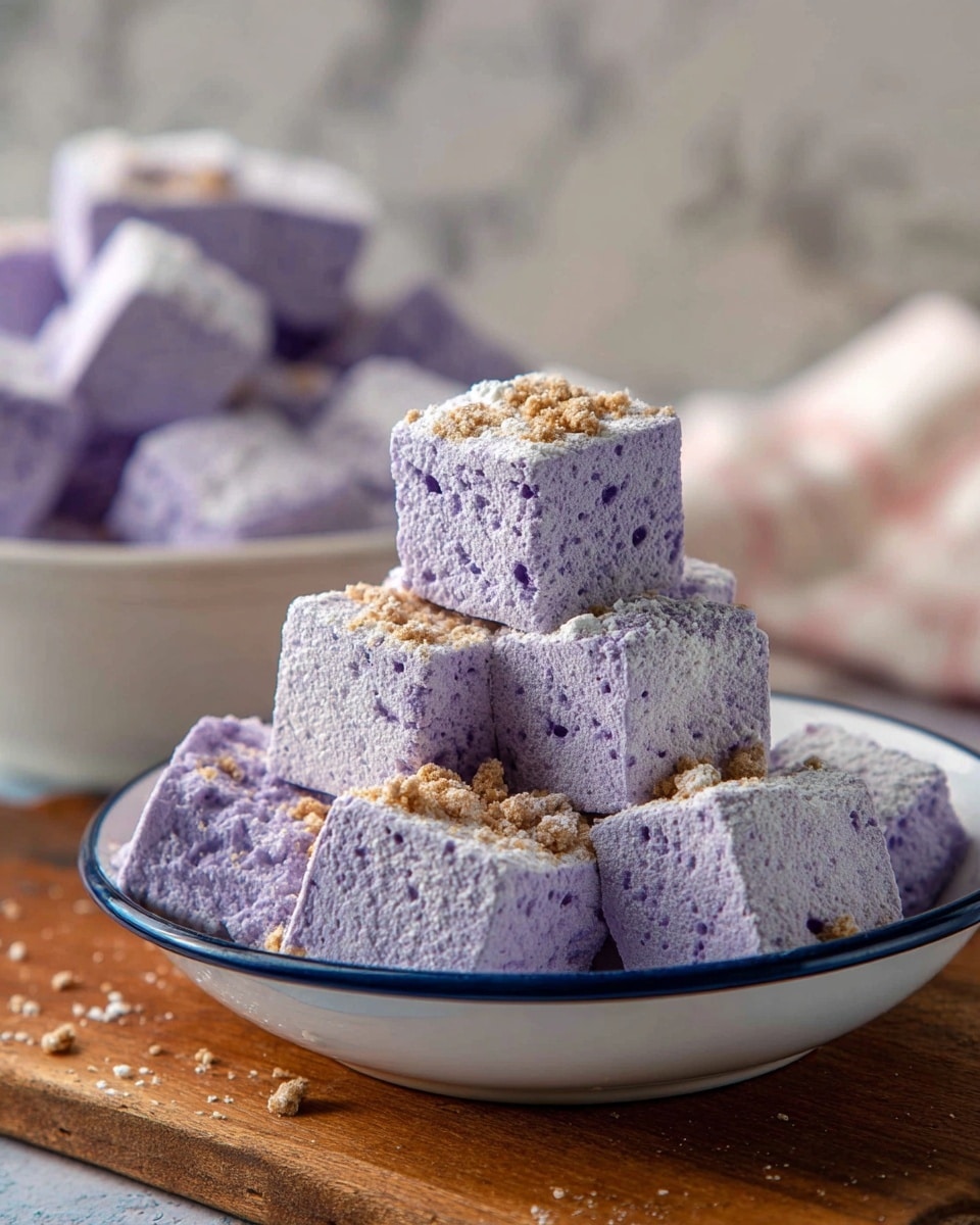 The image shows a stack of purple marshmallows with a light dusting of white powder and small brown crumb-like pieces on top. The marshmallows are cut into square shapes and are piled up in a white bowl with a dark blue rim that sits on a wooden surface. In the background, more marshmallows are placed in another white bowl with a dark blue rim. The setting has a soft, neutral tone with a white marbled texture surface. photo taken with an iphone --ar 4:5 --v 7