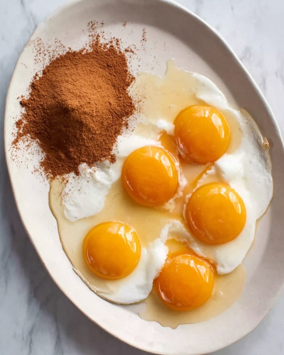 The image shows a white oval-shaped plate with four raw eggs cracked open, displaying bright orange yolks sitting in clear, slightly runny egg whites, spread unevenly across the plate. To the upper left of the eggs, there is a small pile of brown cinnamon powder, finely textured and loosely placed on the plate. The plate rests on a white marbled surface, adding a clean and light background. photo taken with an iphone --ar 4:5 --v 7