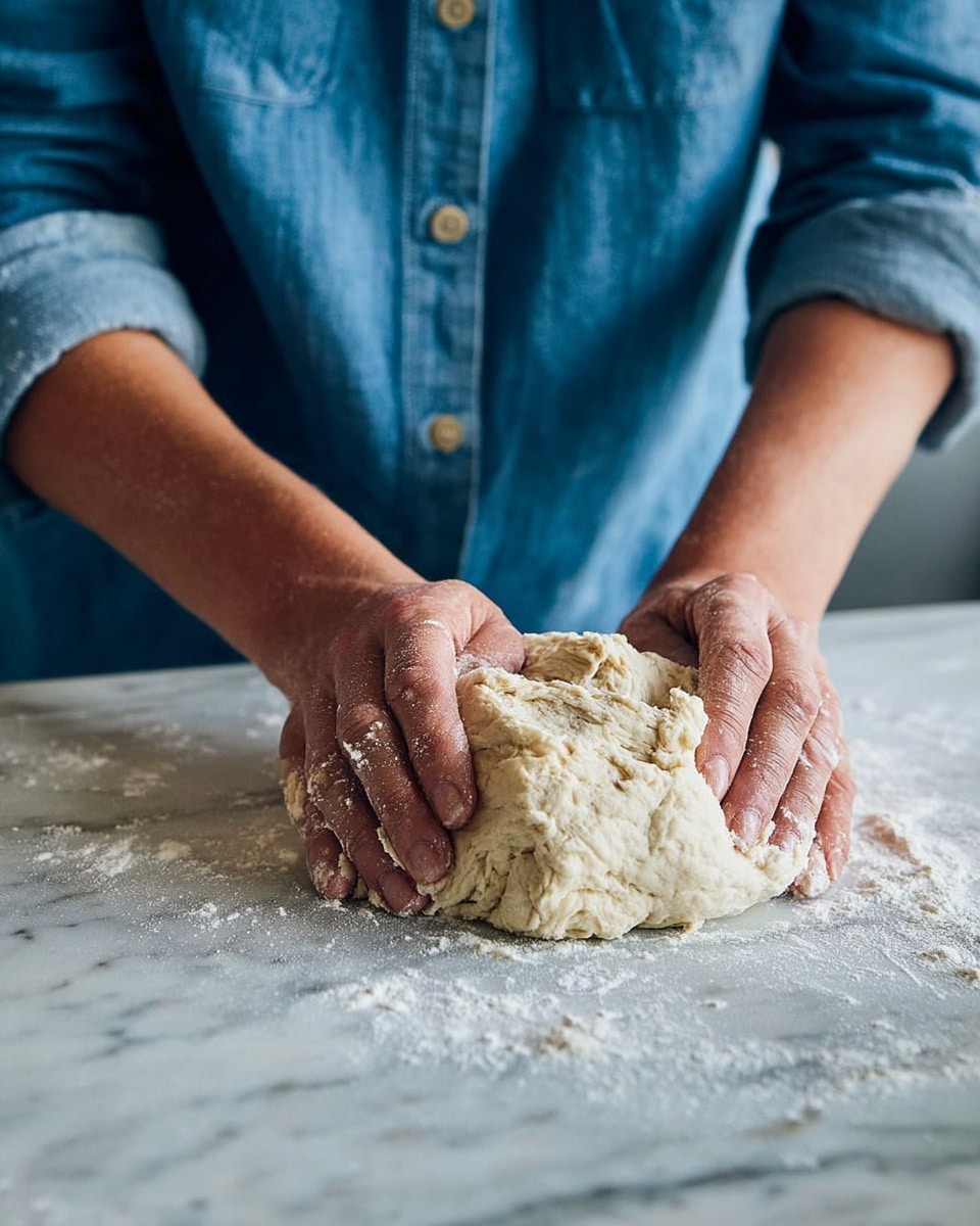 The image shows a person wearing a blue button-up shirt kneading a soft, pale dough on a white marbled surface. The dough has a smooth and slightly sticky texture with some flour dusted around it. The person's two hands press into the dough, with some dough sticking to the fingers. The background is blurred out, focusing on the hands and dough in the center. photo taken with an iphone --ar 4:5 --v 7