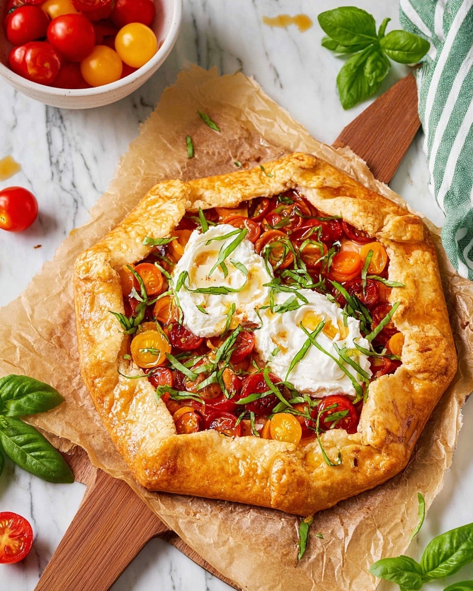 A golden brown, folded puff pastry galette with crisp edges surrounds a filling made of roasted red and orange cherry tomato halves that create a colorful, uneven textured layer. On top, there are two dollops of soft white ricotta cheese, drizzled lightly with olive oil. Bright green basil leaves and finely sliced basil strips are scattered over the cheese and tomato layers, adding fresh contrast. The galette rests on crinkled parchment paper placed on a wooden board. Nearby, there is a white bowl filled with whole tomatoes and some scattered fresh basil leaves on a white marbled surface. A green and white striped cloth is also visible near the galette photo taken with an iphone --ar 4:5 --v 7