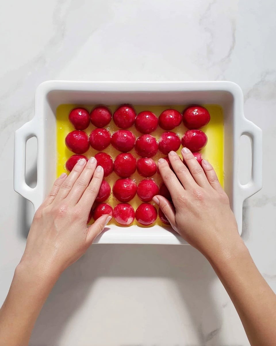 A white rectangular baking dish with handles on each side contains two neat rows of round, red balls, likely radishes, placed on a yellow oily layer that covers the base. Two woman's hands are gently pressing the balls, spreading them evenly inside the dish. The dish sits on a white marbled surface, and the lighting highlights the smooth, shiny texture of the red balls and the glistening oil beneath them. photo taken with an iphone --ar 4:5 --v 7