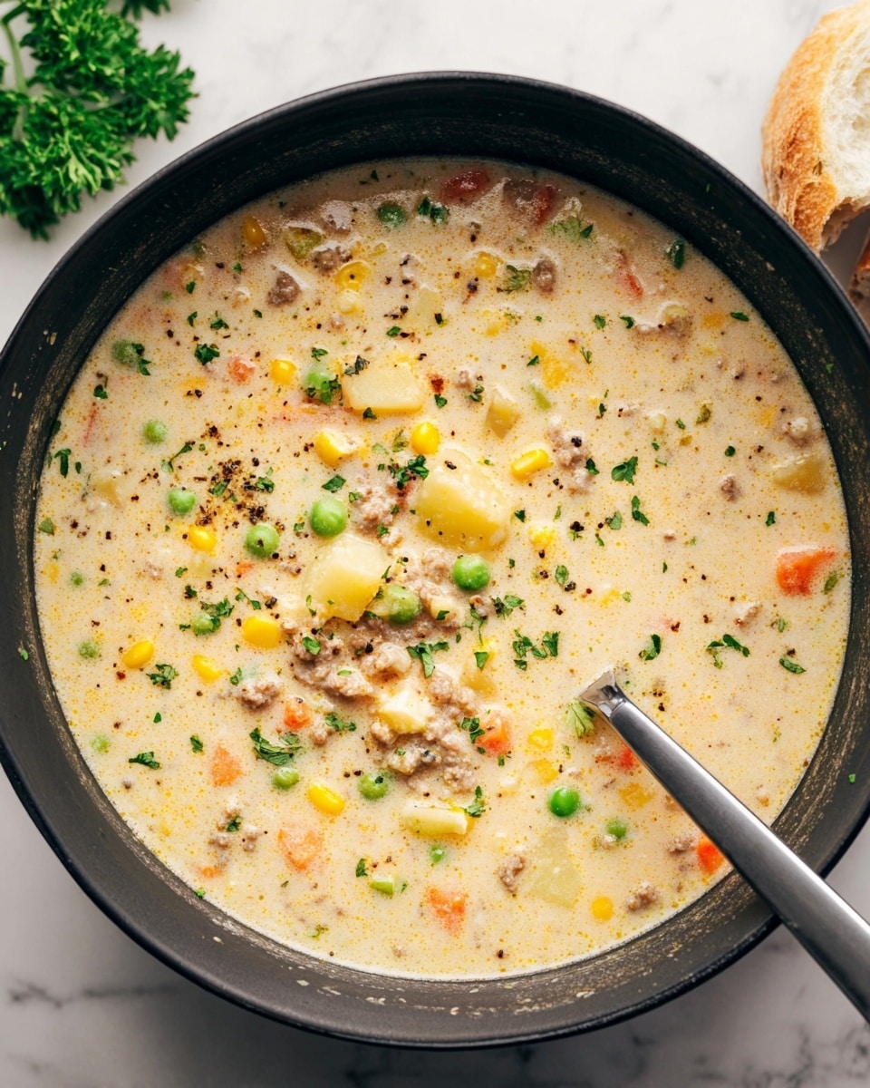 A dark bowl filled with creamy soup that has three main layers of ingredients: a light beige, thick creamy base with visible tiny herbs and spices, small chunks of yellow potatoes, bright yellow corn kernels, scattered green peas, orange carrot pieces, and small bits of browned meat evenly spread throughout. A shiny metal spoon dips into the soup, partly submerged on the right side. The bowl sits on a white marbled surface with some parsley leaves on the upper left and a piece of bread at the top right. Photo taken with an iphone --ar 4:5 --v 7