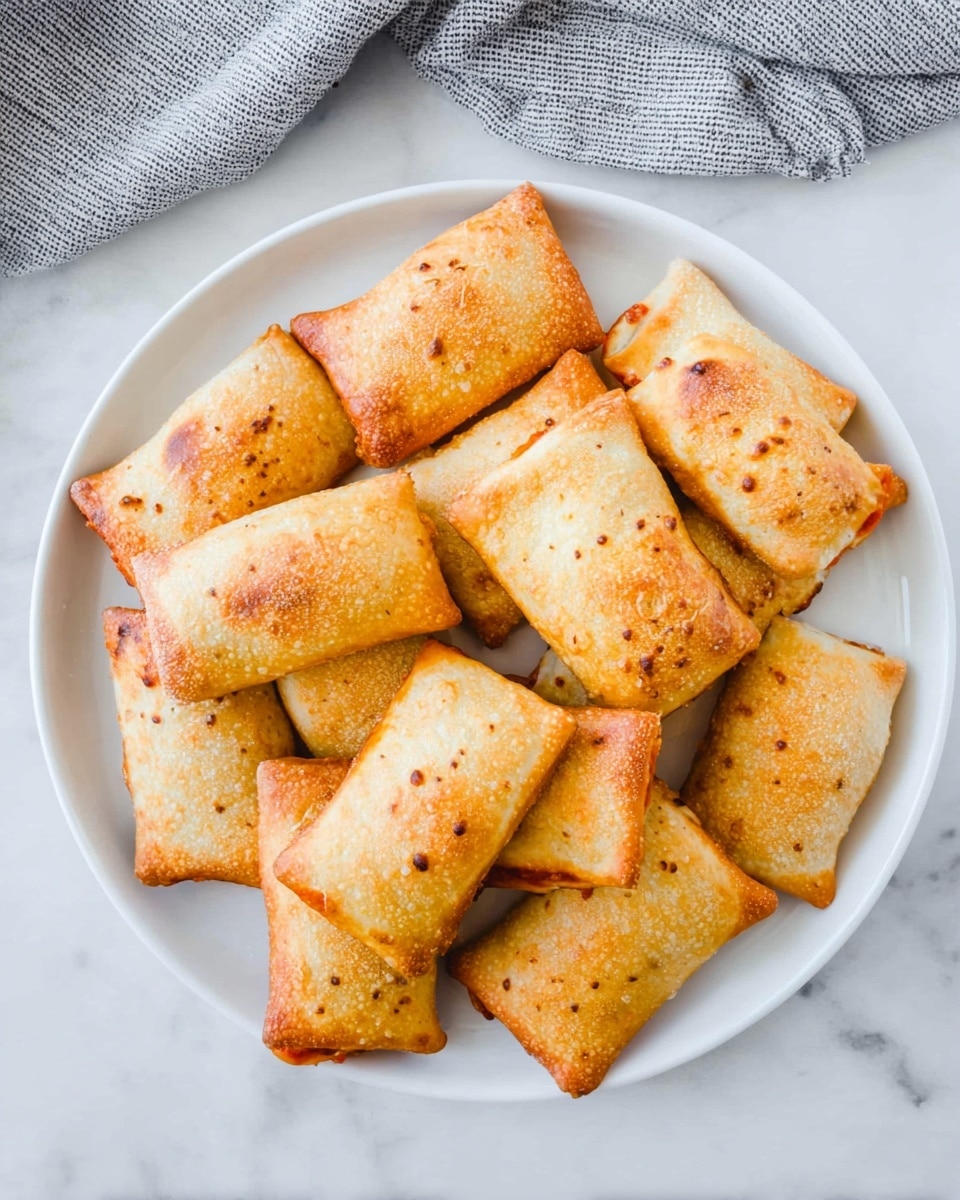 The image shows a white round plate filled with eleven small, rectangular baked pizza rolls. Each pizza roll has a golden-brown crust with slightly darker edges and some tiny air bubbles on the surface, creating a crispy texture. The rolls are stacked loosely, with some overlapping each other, and a hint of red sauce peeks out from a few of them. The plate is set on a white marbled surface, and part of a gray and white striped cloth is visible at the top edge of the image. photo taken with an iphone --ar 4:5 --v 7