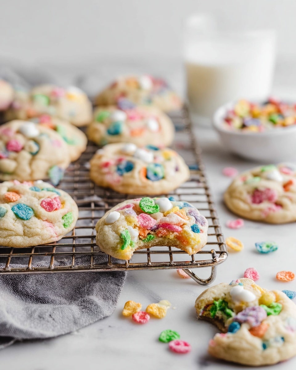 A pile of soft, round cookies with a light golden color lies on a metal cooling rack over a gray cloth, each cookie studded with bright, colorful candy pieces in shades of blue, pink, orange, red, green, and white, giving a playful and fun look. To the right, a clear glass filled with white milk stands next to a small white bowl holding more colorful candy pieces, all placed on a white marbled surface. Some candy pieces are scattered casually around the bowl and cookies, adding to the casual, inviting scene. photo taken with an iphone --ar 4:5 --v 7