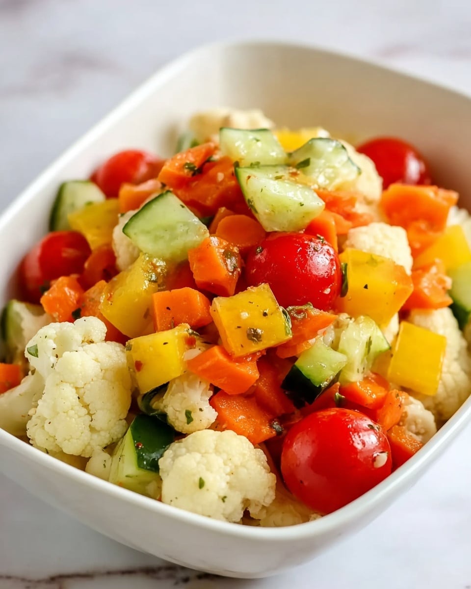 A white bowl holds a colorful vegetable salad with three visible layers of chopped ingredients. The bottom layer has chunky pieces of pale white cauliflower with a rough texture. The middle layer shows bright yellow bell pepper cubes and small round red cherry tomatoes with a shiny surface. The top layer consists of green cucumber chunks with smooth skin and small orange carrot slices, all mixed together, creating a fresh and vibrant look. The bowl rests on a white marbled surface. Photo taken with an iphone --ar 4:5 --v 7