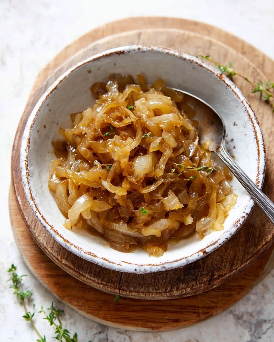 A close-up image of soft caramelized onions placed inside a white ceramic bowl with a rustic, slightly chipped edge. The onions are a golden-brown color with a glossy, tender texture, showing thin, curled layers mixed with diced pieces. A silver spoon rests inside the bowl, partially covered by the onions. The bowl is set on two round wooden cutting boards stacked on top of each other, all positioned on a white marbled surface with a few small green herb sprigs scattered near the boards. Photo taken with an iphone --ar 4:5 --v 7
