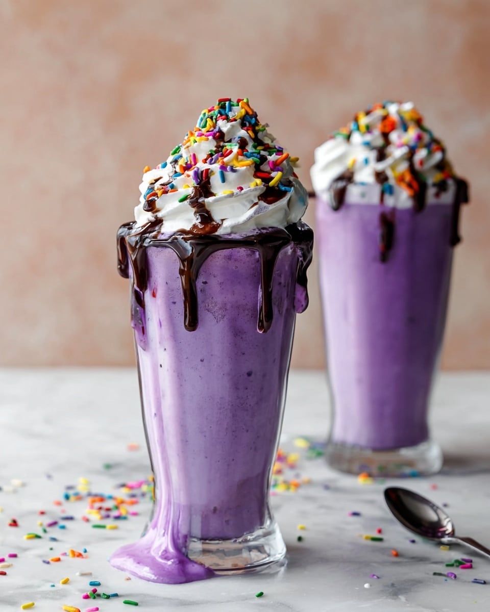 The image shows two tall clear glasses filled with a thick purple milkshake that is dripping down the sides onto a white marbled surface. Each milkshake has a large swirl of white whipped cream on top, drizzled with dark chocolate syrup and sprinkled with colorful tiny candy sprinkles in red, yellow, blue, green, and orange. The milkshake on the left is fully visible, with some purple liquid spilled at the base, while the glass on the right is partially shown. A silver spoon lies on the surface in the background. photo taken with an iphone --ar 4:5 --v 7