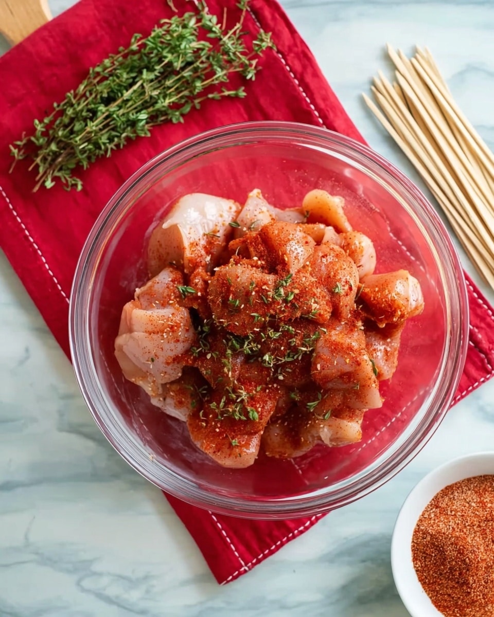 A clear glass bowl holds small pieces of raw chicken, covered with a layer of red spices and some green herbs scattered on top. The bowl is placed on a white marbled surface, with a red cloth underneath it, showing a simple stitched pattern along its edges. To the left of the bowl, there is a small bunch of fresh green thyme, and on the right, uncooked wooden skewers lie flat. At the bottom right corner, a white bowl filled with more red spice mix is partially visible. Photo taken with an iphone --ar 4:5 --v 7