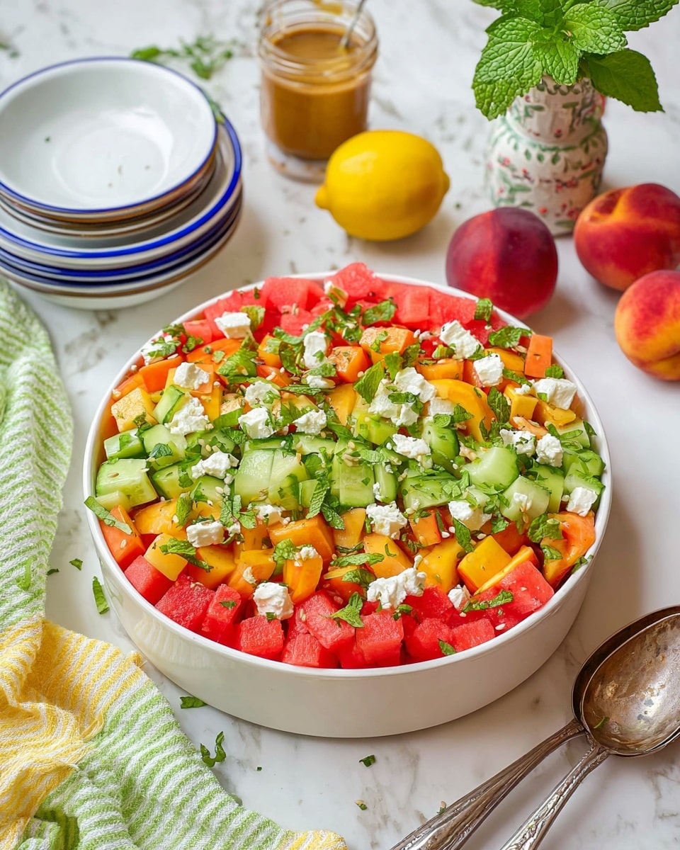 A white round bowl filled with a colorful salad made of four layers; the bottom layer has red watermelon cubes, the second layer has orange peach chunks, the third layer has evenly sliced light green cucumbers, and the top layer is sprinkled with small white cheese cubes and green chopped fresh mint leaves. The bowl is placed on a white marbled surface, surrounded by a yellow lemon with a green and white striped cloth, two stacked white and blue bowls with a silver fork resting on them, fresh mint in a small decorated white vase, two red peaches, and a jar of light brown dressing. A large silver serving spoon is next to the bowl. photo taken with an iphone --ar 4:5 --v 7
