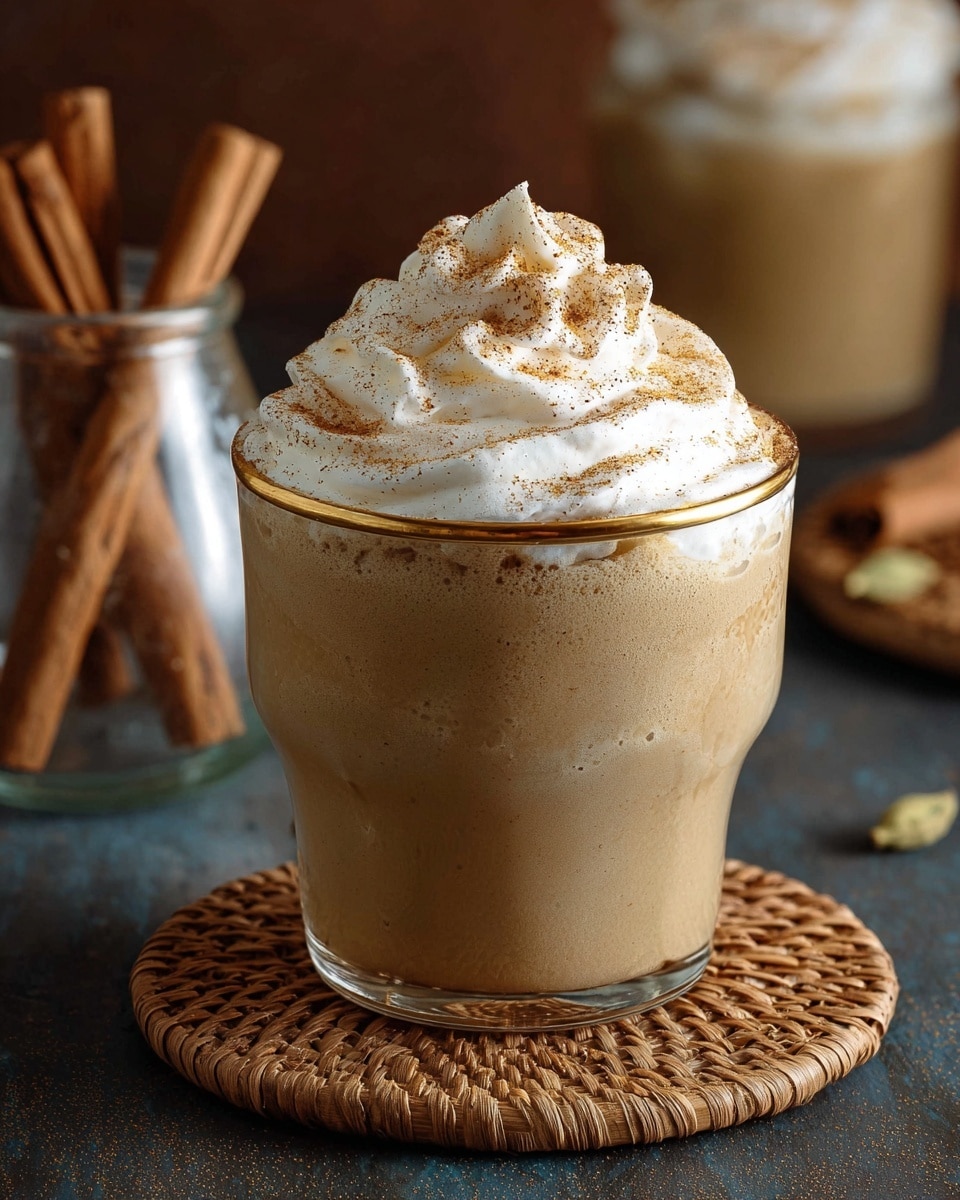 A clear glass filled with a creamy beige smoothie with tiny dark specks, topped with a tall swirl of white whipped cream sprinkled with light brown cinnamon powder and coarse brown sugar crystals, sits on a round woven mat on a dark surface, with cinnamon sticks and star anise nearby, set against a softly blurred background, with a white marbled texture beneath. photo taken with an iphone --ar 4:5 --v 7